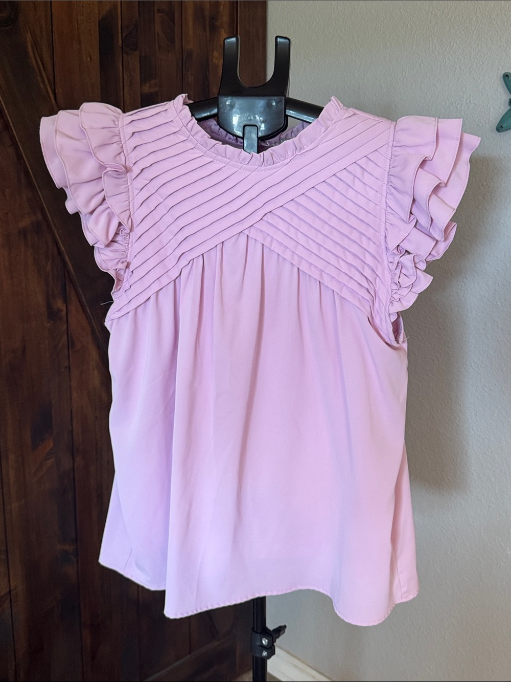 entro Light Pink Ruffle Sleeve Pleated Yoke Blouse
